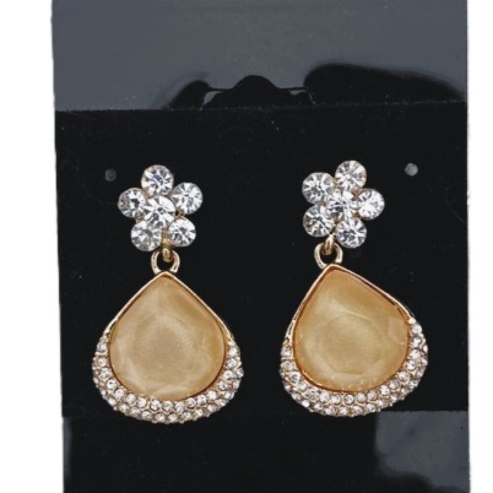Elegant Gold-Toned Rhinestone/Stone Teardrop Earrings • New